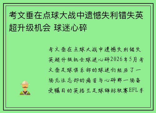 考文垂在点球大战中遗憾失利错失英超升级机会 球迷心碎